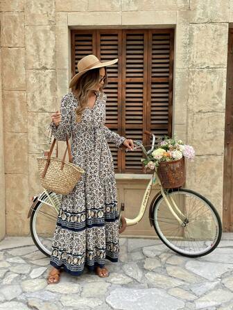 Mulvari Lässiges Maxikleid für Damen mit Patchwork-Vollaufdruck und Kurzarm