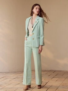 MOTF PREMIUM CALÇA PERNA FLARE COM PREGAS CUSTOMIZADA, PRIMAVERA/VERÃO - Verde - Visão 5