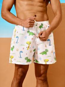 Surfspeed Men's Cartoon Dinosaur Print Drawstring Waist Casual Beach Shorts