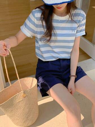 DAZY Women Crew Neck Striped Embroidered Bow Short Sleeve T-Shirt Summer