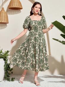SHEIN Leap Crew Teen Girl Spring & Summer Green Casual Holiday Traditional Pattern Puff Sleeves Loose A-Hem Waist Long Dress,Vacation Style,Holiday,Beach, Boho, Summer Clothes,Outfits - Green - View 3