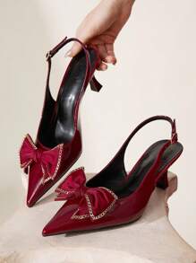 CUCCOO CHICEST Women's Elegant Gold Chain Buckle Design Pointed Toe Stiletto Heel Mid-Heel PU Leather Mule Pumps, Suitable For Date, Office, Afternoon Tea, Graceful Outfits, Valentine's Day - Burgundy - View 1