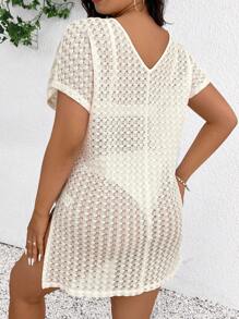 SHEIN Frenchy Plus Size Plain V-Neck Short Sleeve Sheer T-Shirt, Casual Holiday - Apricot - View 4