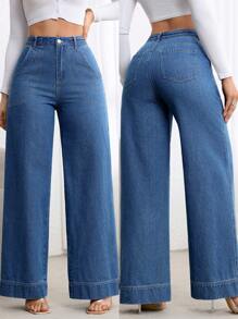 EMERY ROSE Women's Simple Front Button Pocket Denim Jeans, Casual Daily Wear - Medium Wash - View 8