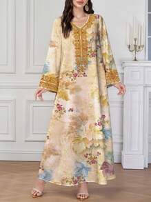 Al Najma 女士节日节日定位印花 Jalabiya 印花 V 领长袖长裙，端庄全长连衣裙
