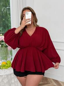 SHEIN Unity Plus Size V-Neck Textured Fabric Elastic Waist Batwing Sleeve Long Shirt - Burgundy - View 4