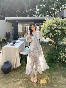 DAZY Đầm midi chiffon in hoa cho nữ, đầm tay dài mùa thu, trang phục đi nghỉ mát, lễ Phục sinh, phong cách boho. - Màu tím - Xem 5