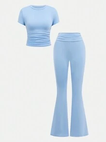SHEIN Girlism 2pcs/Set Teen Girl Solid Color Casual Ruched T-Shirt And Low Waist Flared Pants Set Holiday Outfits - Blue - View 9