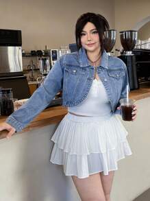 SHEIN EZwear Plus Size Women Cropped Long Sleeve Casual Versatile Denim Jacket - Light Wash - View 1