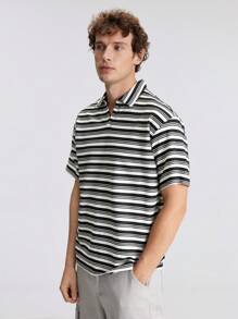 Ontre 男士条纹领短袖休闲 Polo 衫 - 黑與白 - 查看 4
