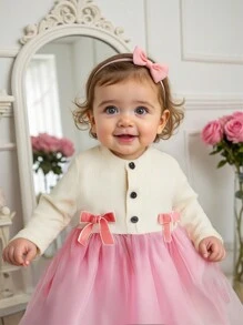SHEIN Baby Girl Winter Knitted Tulle Dress With Bow Decor - Pink - View 1