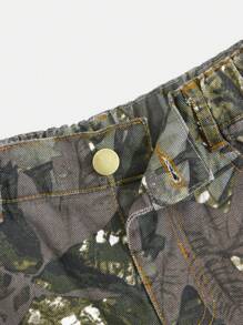 SHEIN Young Girls Casual Straight Loose Camouflage Contrast Stitch Cargo Jeans - Army Green - View 6