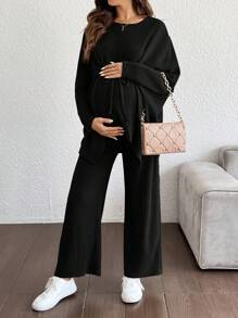 Cheriluna Maternity 2 件孕妇纯色前系带长袖上衣和裤子套装