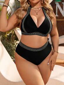 Swim Lushoire Summer 2pcs Plus Size Women Halter Tie-Up Solid Color Triangle Cup Bikini Set, Mature-Look Swimwear - Black - View 6