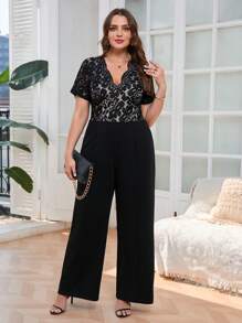 SHEIN Frenchy Ropa de verano para mujer talla grande, ropa de mujer de manga corta, mono elegante de manga corta con escote en V de encaje de color contrastante