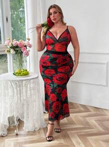 Flirla Completo da donna elegante e vintage taglie forti in 2 pezzi: canotta aderente a scollo a V con stampa floreale + gonna lunga plissettata in rete con stampa rosa e fondo a coda di pesce, perfetto per San Valentino - Multicolore - Visualizzare 3
