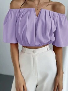 Aloruh Women's Solid Color Pleated Off Shoulder V-Neck Slim Fit Blouse Top - Mauve Purple - View 3
