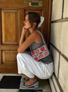 时尚黑白格子蝴蝶结元素女式上衣 - 黑與白 - 查看 3