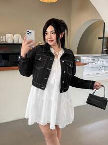 SHEIN EZwear Plus Size Front Button Long Sleeve Pocket Simple Casual Denim Shirt - Black - View 4