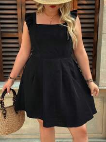 SHEIN VCAY Plus Size Women's Solid Color Tie Back Ruffle Hem Casual Dress - Black - View 4