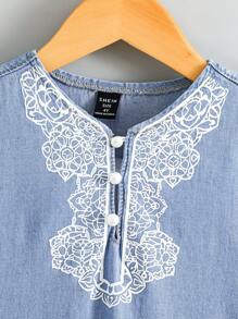 SHEIN Young Boy Casual Soft White Patterned Blue Denim Long Shirt,For Kids Spring/Summer Clothes