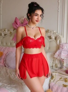 PetitDoll 3pcs Lace Contrast Mesh Women Sexy Bra Set With Underwire - Red - View 3