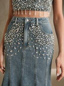 Anewsta 水钻装饰时尚奢华牛仔裙，女士春夏，节日/音乐会 - 淺色水洗藍 - 查看 2