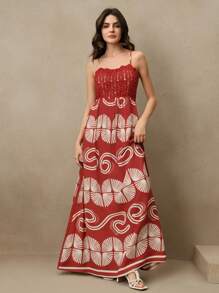 Anewsta Váy Maxi Boho họa tiết trừu tượng thêu móc mùa xuân, mùa hè, thanh lịch, bãi biển dành cho nữ - Màu Đỏ Sâu - Xem 7