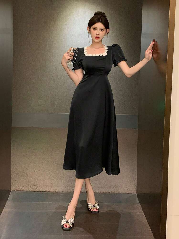 Women's Square Neck Puff Sleeve Cinched Waist Floral Decor Mid-Length Dress Sundress Maxi Dress Cocktail Dress