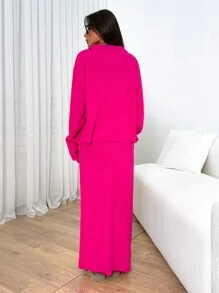 EURMUSE Polo Neck Cardigan Skirt Rib Pattern Knitwear Set - Hot Pink - View 2