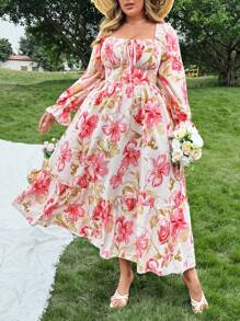 Flirla 甜美灯笼袖方领前束腰系带 A 字形荷叶边下摆花卉印花连衣裙，优雅