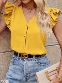 SHEIN Clasi Bluză de damă, de culoare uni, ocazională, elegantă, ținută de zi cu zi - Galben - Vizualizare 4