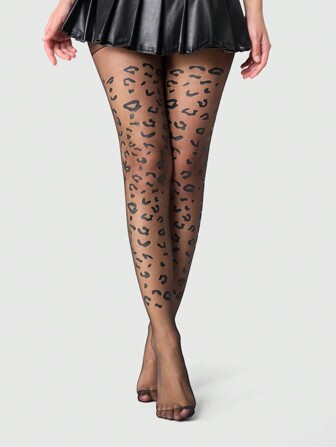 Goth 1 Paar Leopardenprint sexy Vintage Muster Strumpfhose, elastische & schlanke transparente schwarze Strumpfhose