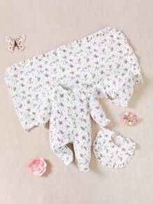 Newborn Baby Girls Cute Ditsy Floral Long Sleeve Romper With Ruffles & Hat, Bib, Swaddle Blanket 5 Pieces Set, Comfortable Infant Clothing Set - Multicolor - View 6