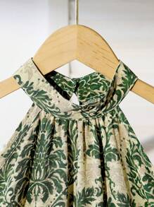 Tween Girl Casual Vacation Style Halter A-Line Dress, Minimalist Retro Pattern - Green - View 4