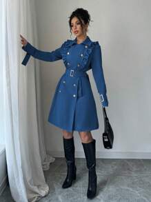 Elenzga Double-Breasted Cinched Waist Princess Seam Fitted Metal Button Ruffle Hem Trench Coat - Blue - View 5