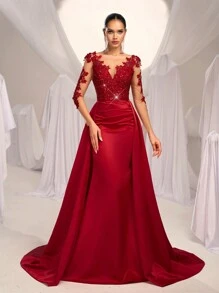 SHEIN Belle Gorgeous And Elegant Red Sequin Splicing Satin Mesh Appliques Long-Sleeved V-Neck High Waist Slim Fishtail Splicing Exaggerated Floating Pieces Wedding Guest Dress, Suitable For Dinner Bachelor Party Date Birthday Wedding Event Prom Homecoming Season Valentine's Day Evening Dress, Formal Dress,Gown