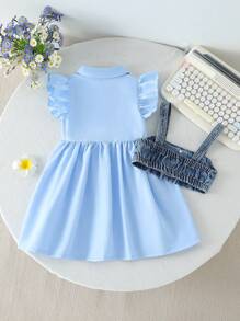 SHEIN 2pcs/Set Girls Summer Chic Outfit - Halter Neck Sleeveless Dress + Turndown Collar Short Cap Sleeve Blouse Dress, Casual & Elegant - Blue - View 2