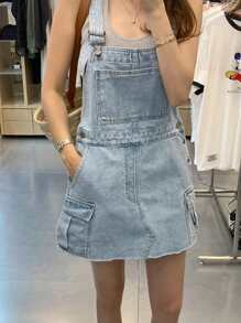 DAZY 女式轻薄洗口袋吊带牛仔连衣裙，春夏秋季太阳裙 - 淺藍色 - 查看 3