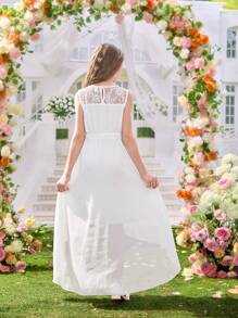 Vestido sin mangas de cuello redondo de unicolor con aplicaciones de encaje para niña preadolescente - Blanco - Ver 5