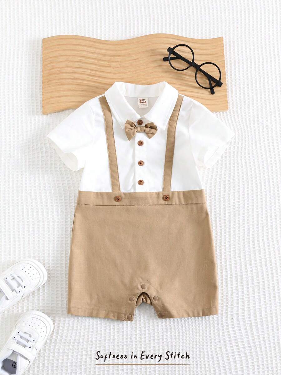 Cozy Pixies Baby Boy Contrast Color Collar Short Sleeve Romper Shorts, Casual And Versatile