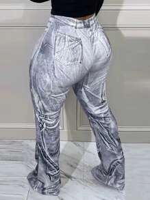 SHEIN Slayr Women's Denim Effect Print Slim Fit Flare Pants - Multicolor - View 2