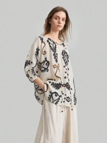 Ontre Áo thun nữ tay lỡ rộng rãi họa tiết hình học thường ngày Boho Bohemian - Màu be - Xem 5