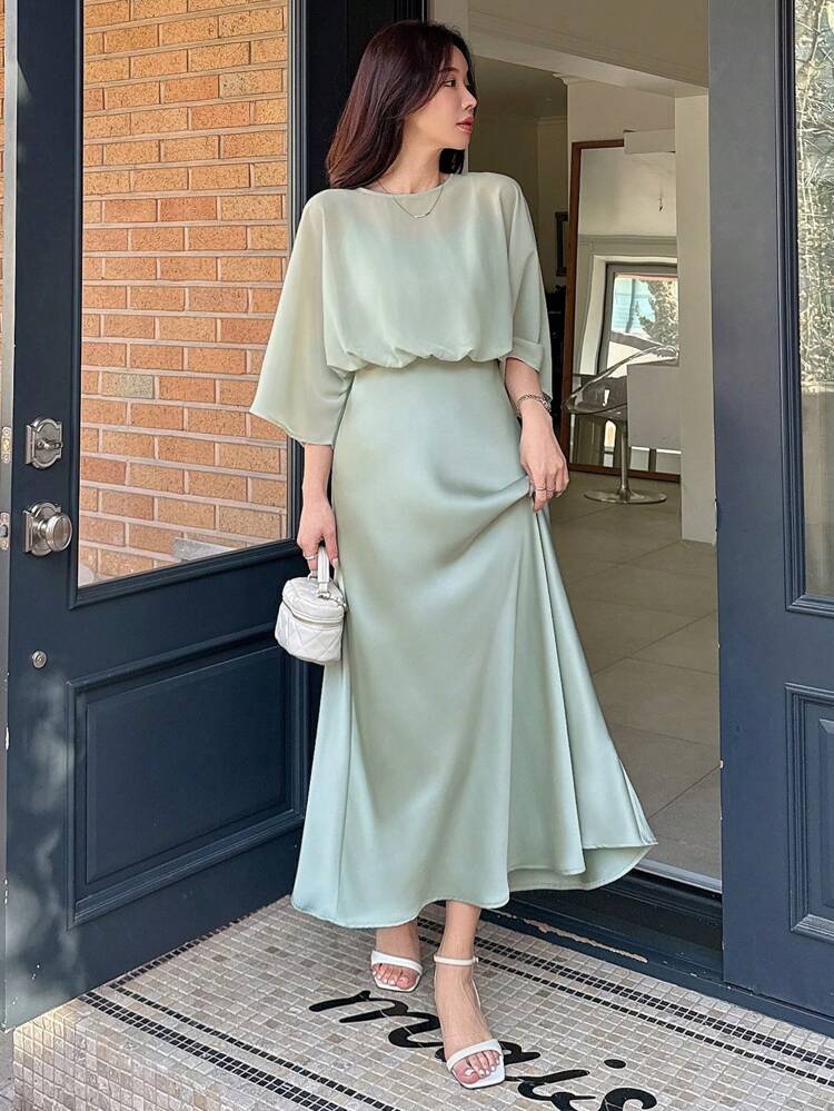 Women's Round Neck Short Sleeve Mesh Patchwork Casual Mid-Length Dress Sundress Maxi Dress