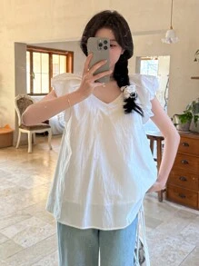 DAZY Women's Solid Color V-Neck Casual Loose Blouse, Daily Wear Summer,Ruffle