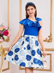 优雅女童两件套公主风童装女童奢华刺绣露肩蝴蝶结提花裙子套装