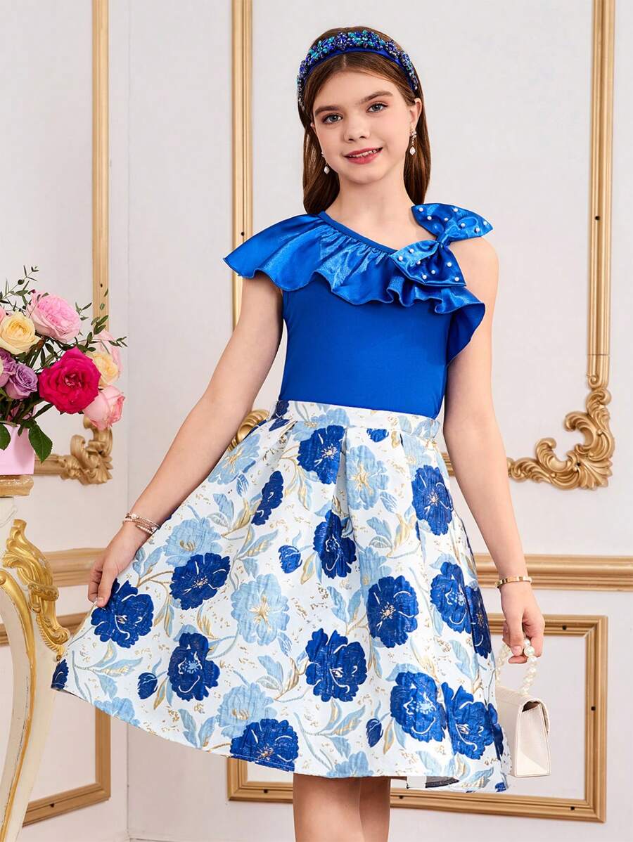 优雅女童两件套公主风童装女童奢华刺绣露肩蝴蝶结提花裙子套装