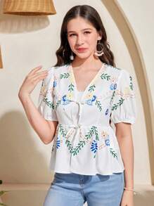 SHEIN 少女春夏花卉印花仿刺绣前胸系带泡泡袖荷叶边衬衫/度假/休闲海滨度假 - 白色 - 查看 5