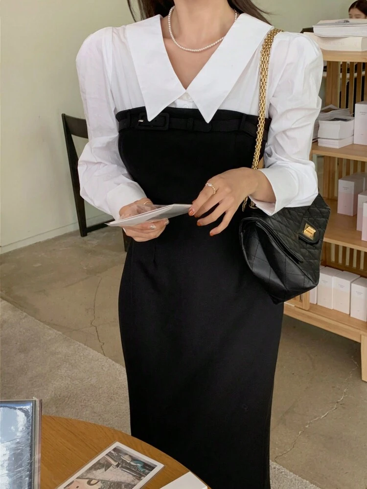 Women Midi Dress With Contrast Splice, Slim Fit, Elegant Long Sleeve, Spring/Autumn