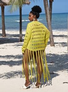 Slaydiva New 2025 Curve Fashionable Casual Women Autumn New Long Sleeve Knitted Hollow Tassels Round Neck Sweater Spring/Summer